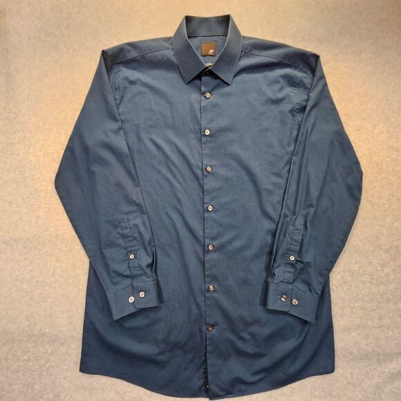 JF J. Ferrar Men's Dress Shirt L Dark Teal Blue Cotton Polyester Slim Fit - Picture 1 of 8